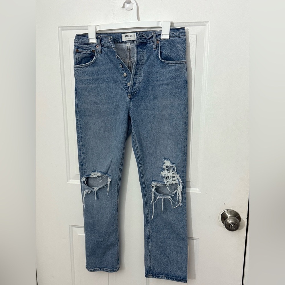 AGOLDE Riley High Rise Straight Cropped Denim Jeans Whiplash Distressed Size 29